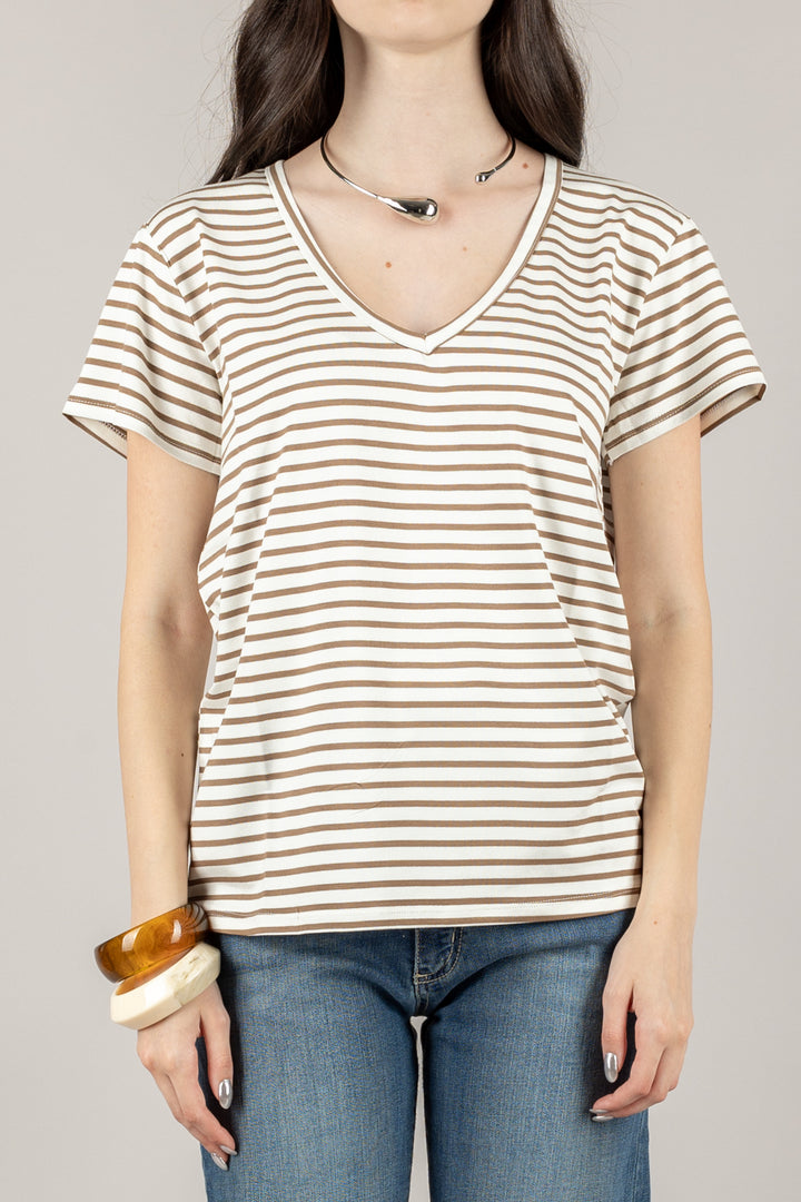 VICOLO - UD0267 - T-SHIRT RIGHE FINE SCOLLO A V