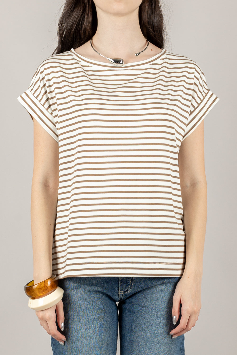 VICOLO - UD0241 - T-SHIRT RIGHE FINE SCOLLO A BARCA