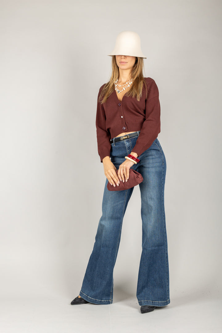 VICOLO - 77164F - CARDIGAN CROP CON BOTTONE GIOIELLO