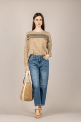 VICOLO - 4AB4023 - MAGLIA GARZATA CON BANDE BEIGE/VERDE/ROSSO