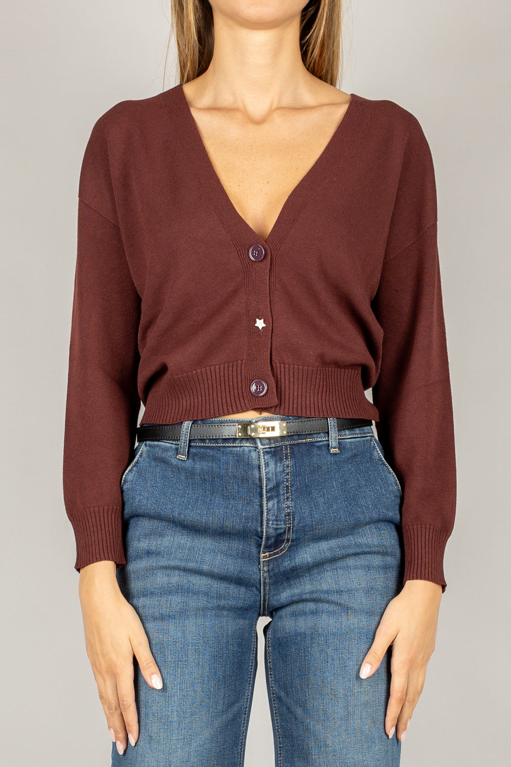 VICOLO - 77164F - CARDIGAN CROP CON BOTTONE GIOIELLO