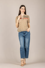 VICOLO - 4AB4022 - MAGLIA POLO MISTO LINO BEIGE/VERDE/ROSSO