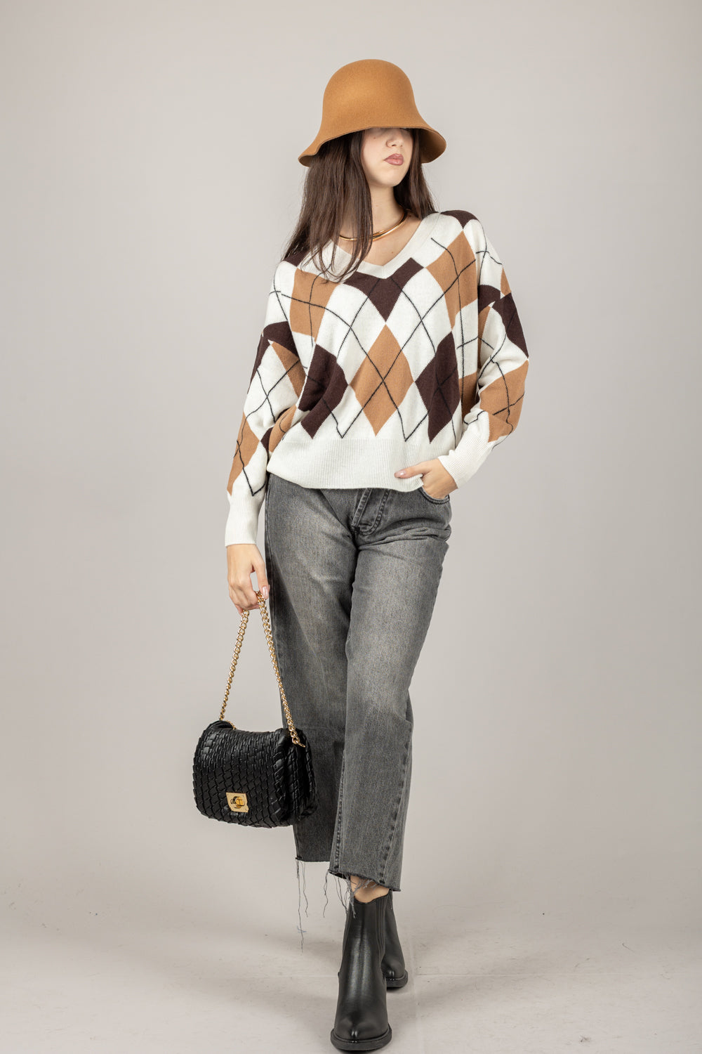 TENSIONE IN - WL1057 - MAGLIA SCOLLO A V CON ROMBI