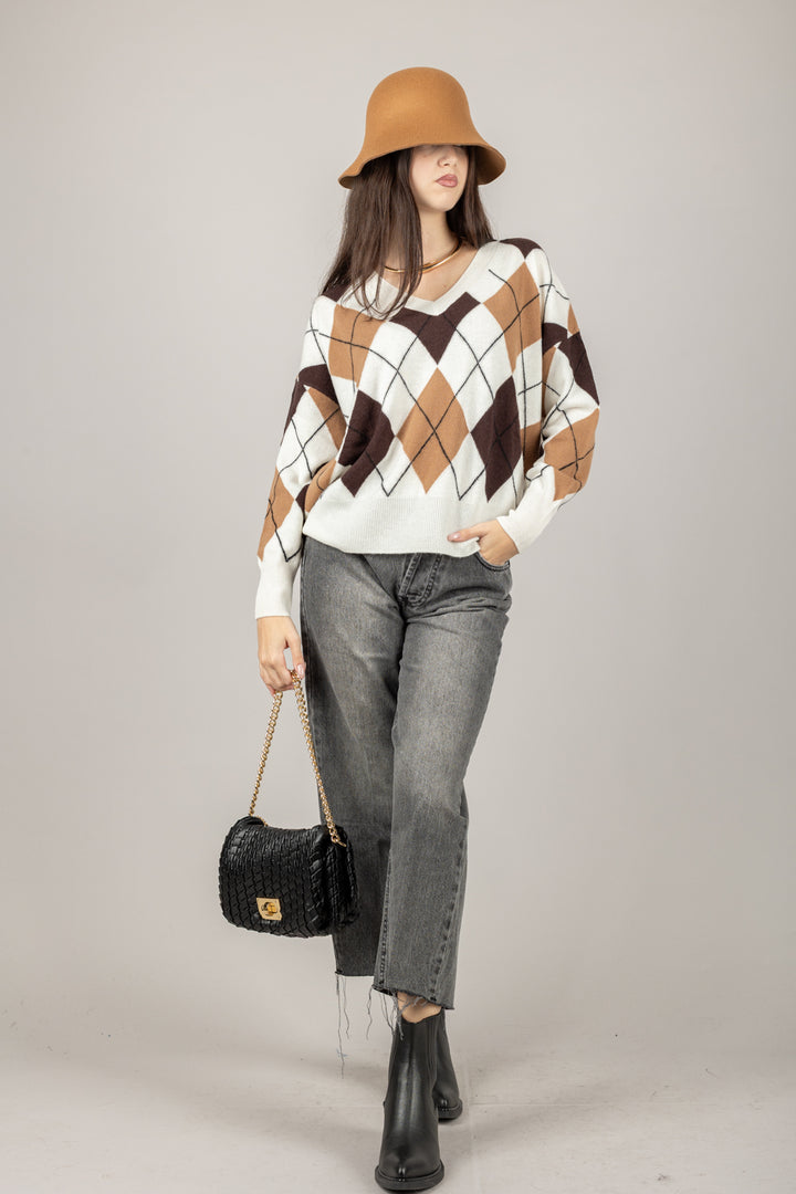 TENSIONE IN - WL1057 - MAGLIA SCOLLO A V CON ROMBI