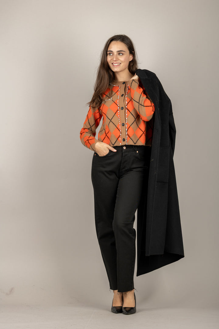 VICOLO - 77058F - CARDIGAN ROMBI CON DETTAGLIO GIOIELLO