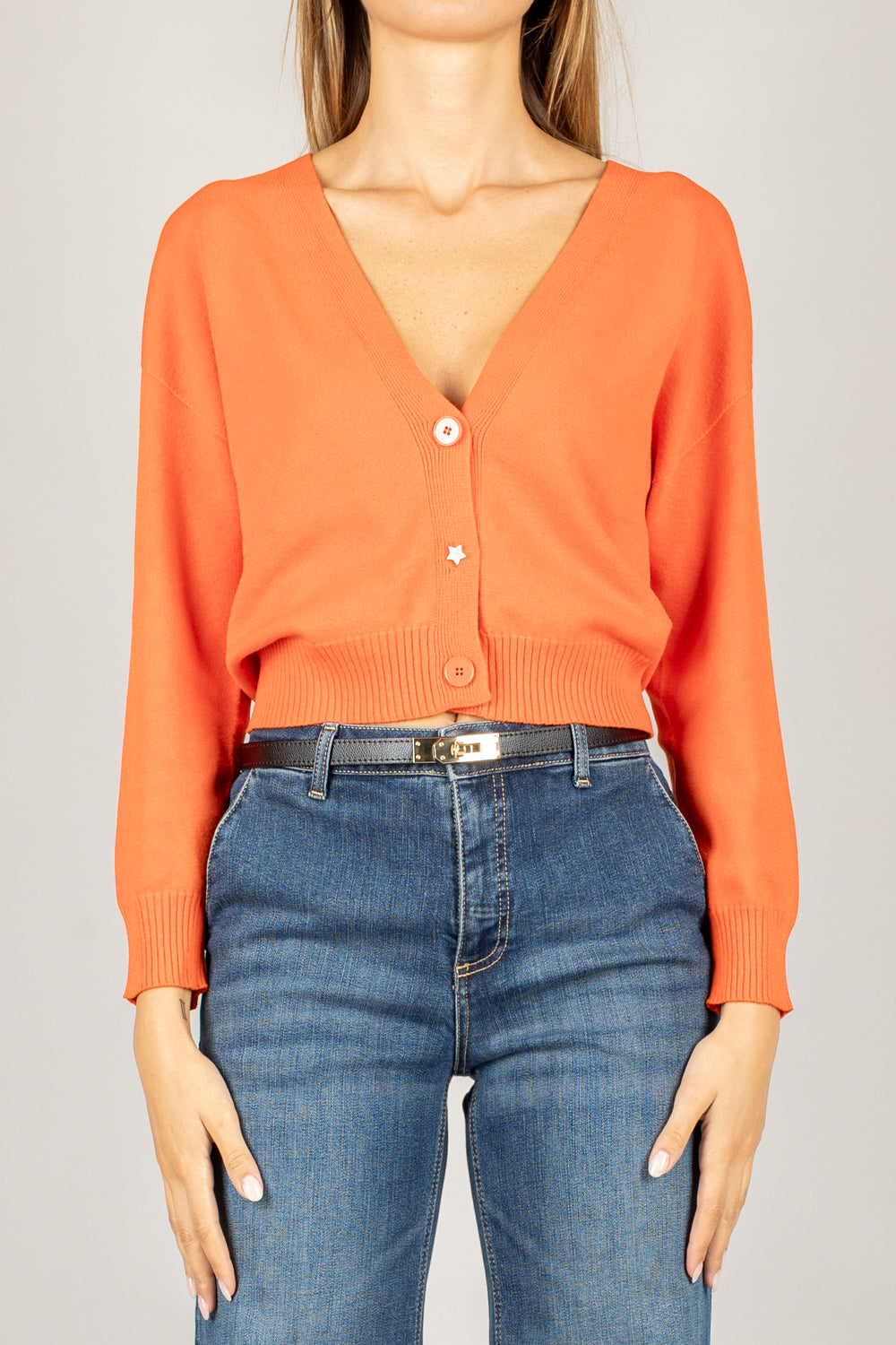 VICOLO - 77164F - CARDIGAN CROP CON BOTTONE GIOIELLO