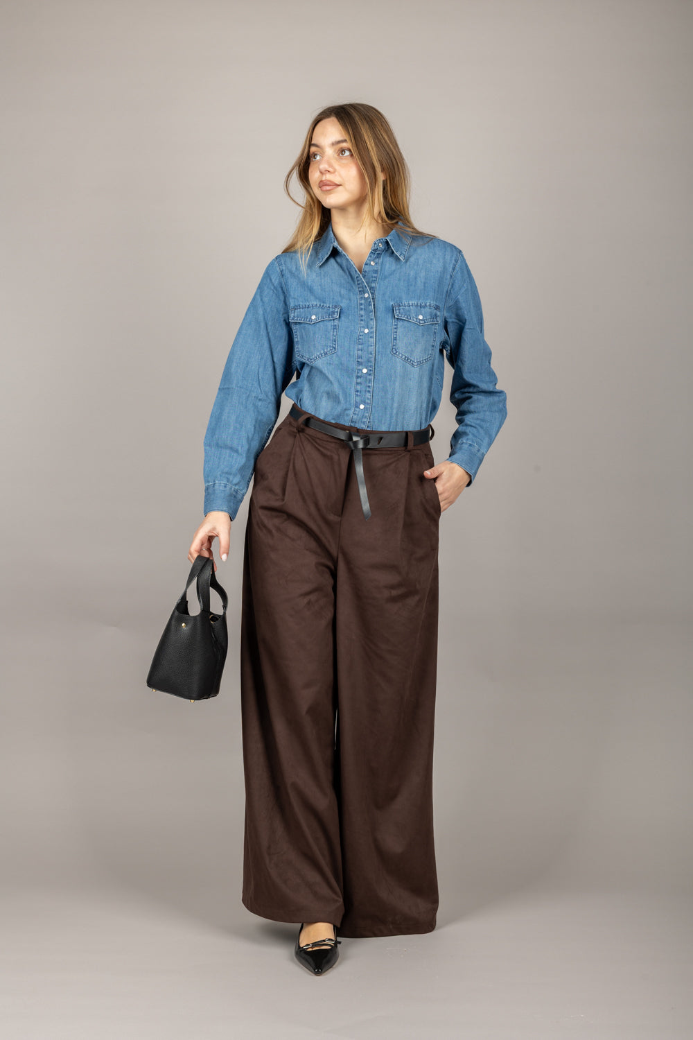 HAVEONE - PMA-N117 - PANTALONE IN SUEDE PALAZZO CON PINCES