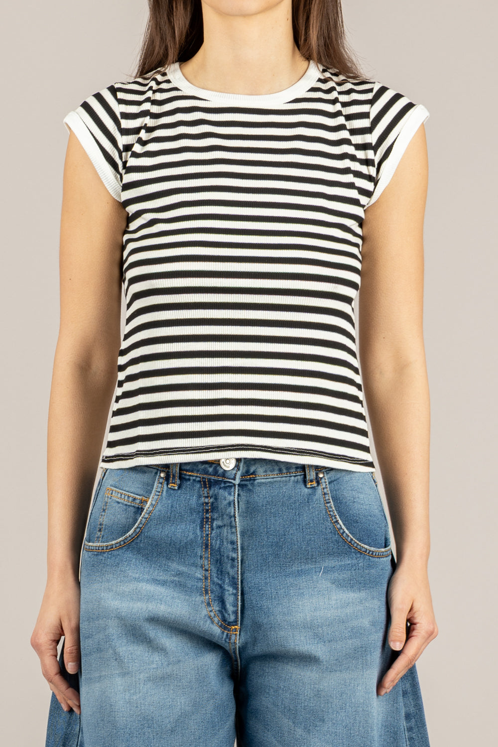 TENSIONE IN - 21011 - T-SHIRT COSTINA RIGATA PANNA/NERO