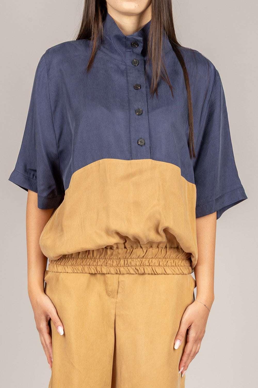 TENSIONE IN - 26M4721 - FELPA BICOLOR IN MISTO CUPRO BLU/CAMEL