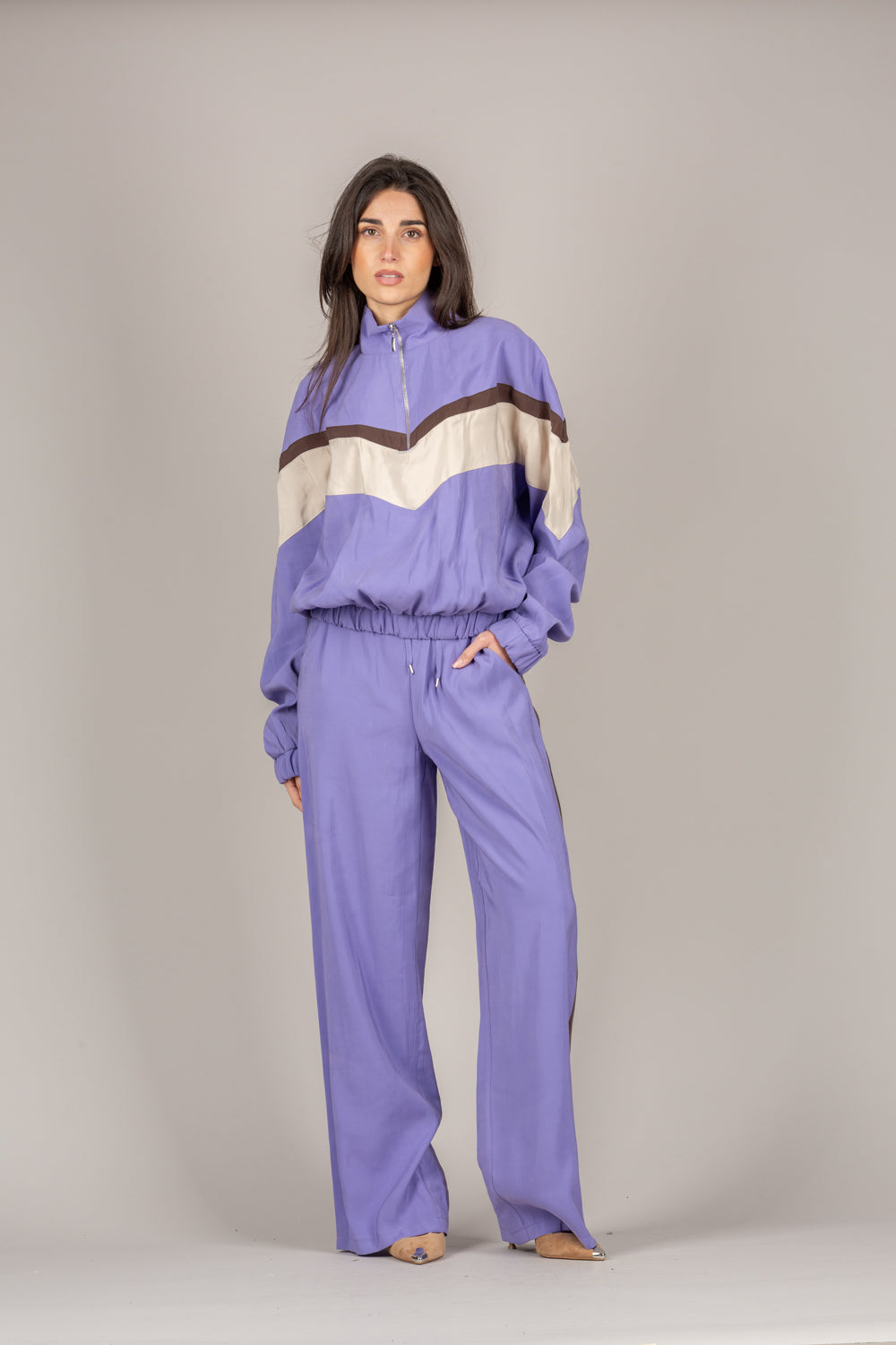 TENSIONE IN - 26P4584 - PANTALONE SETA LAVATA CON BANDA LATERALE VIOLA/MORO