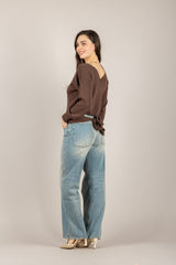 VICOLO - 2AB2078 -  MAGLIA SCOLLO A V CON FUSCIACCA MORO