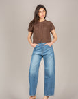 VICOLO - 3AB3022 - MAGLIA CROCHET CHIUSURA DUE BOTTONI  FONDENTE