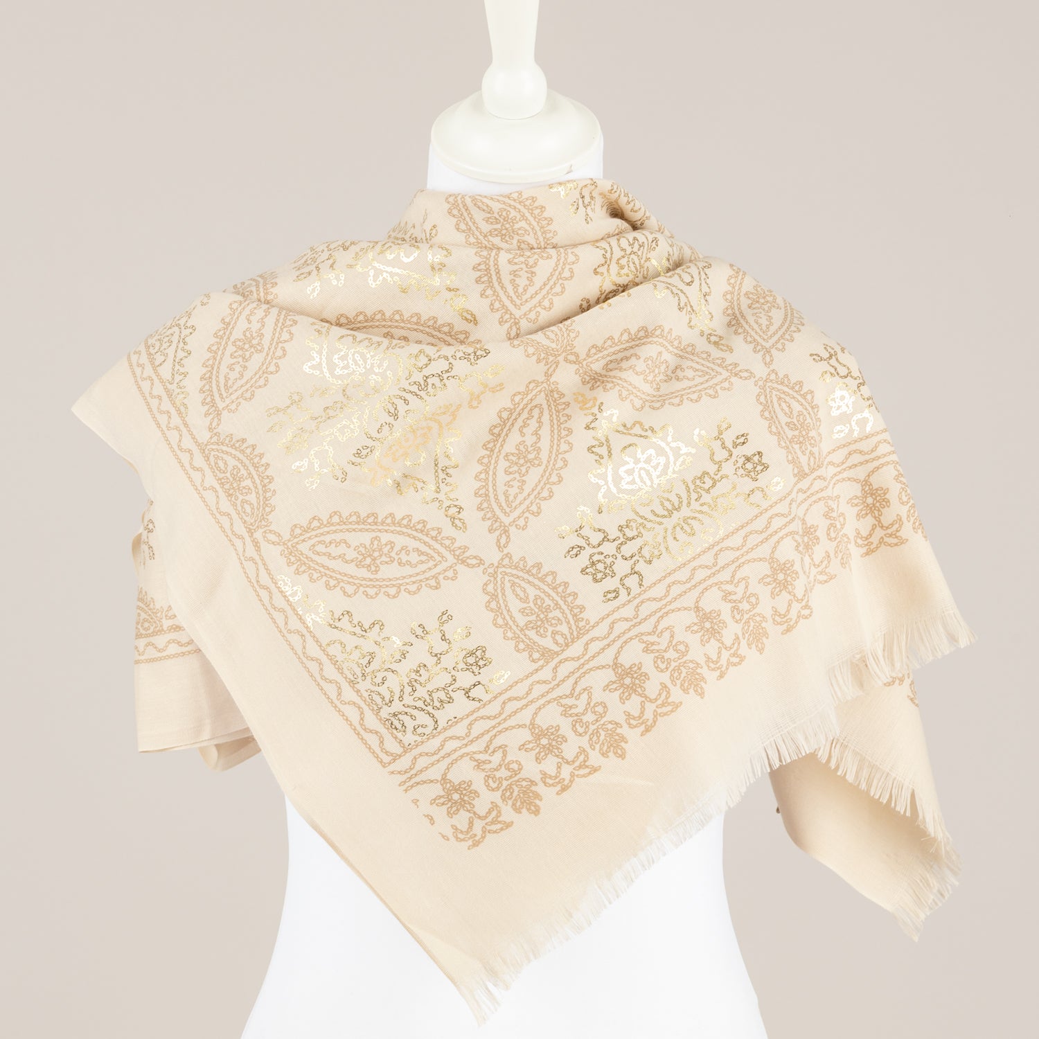 EMUNA' - PASHMINA STAMPA BANDANA PANNA/TORTORA/ORO