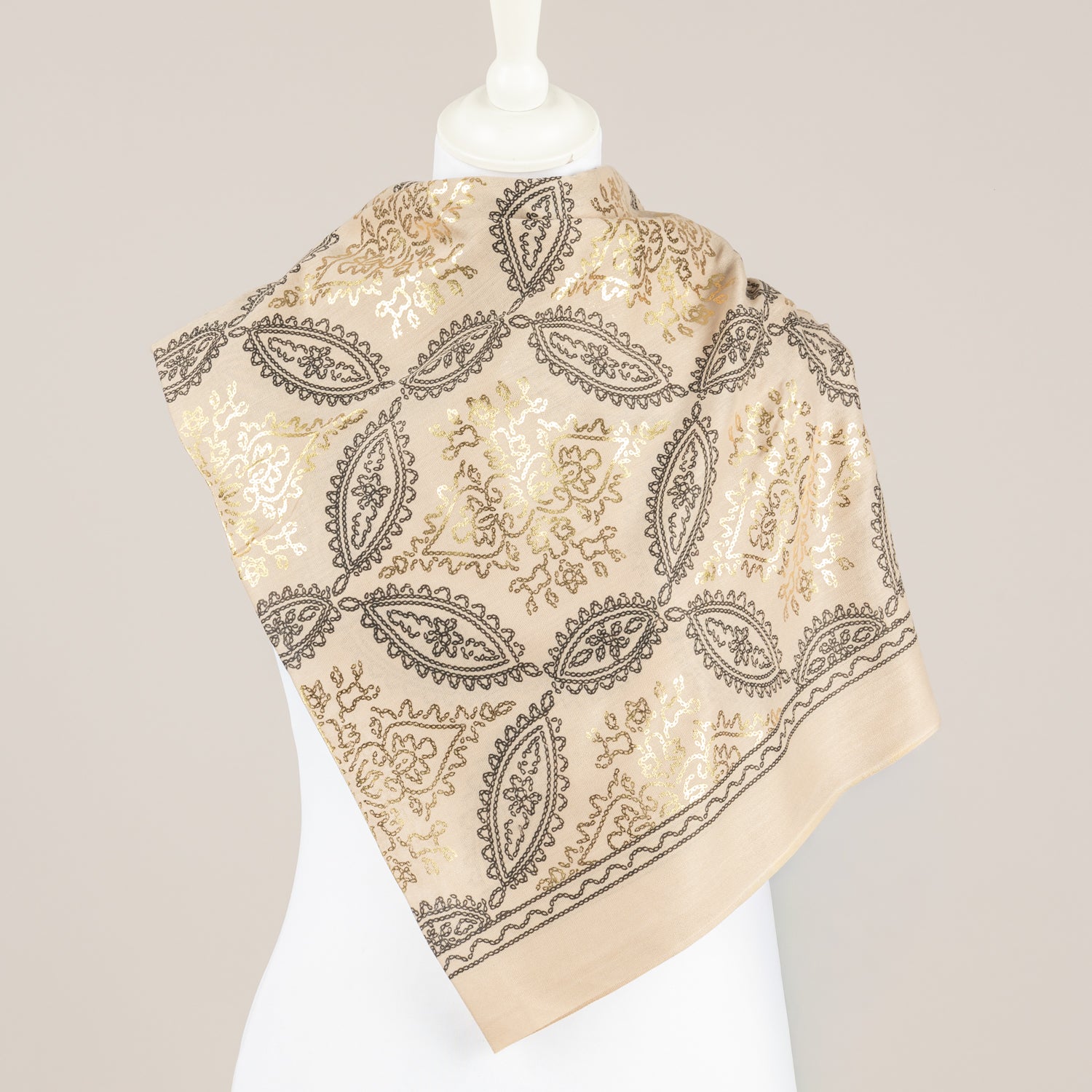 EMUNA' - PASHMINA STAMPA BANDANA TORTORA/NERO/ORO