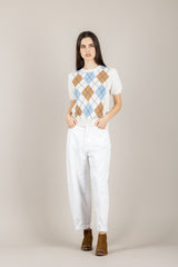 TENSIONE IN - D75630 - MAGLIA MANICA CORTA A ROMBI BURRO/TABACCO/AZZURRO