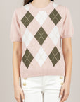 TENSIONE IN - D75630 - MAGLIA MANICA CORTA A ROMBI ROSA/MILITARE/PANNA
