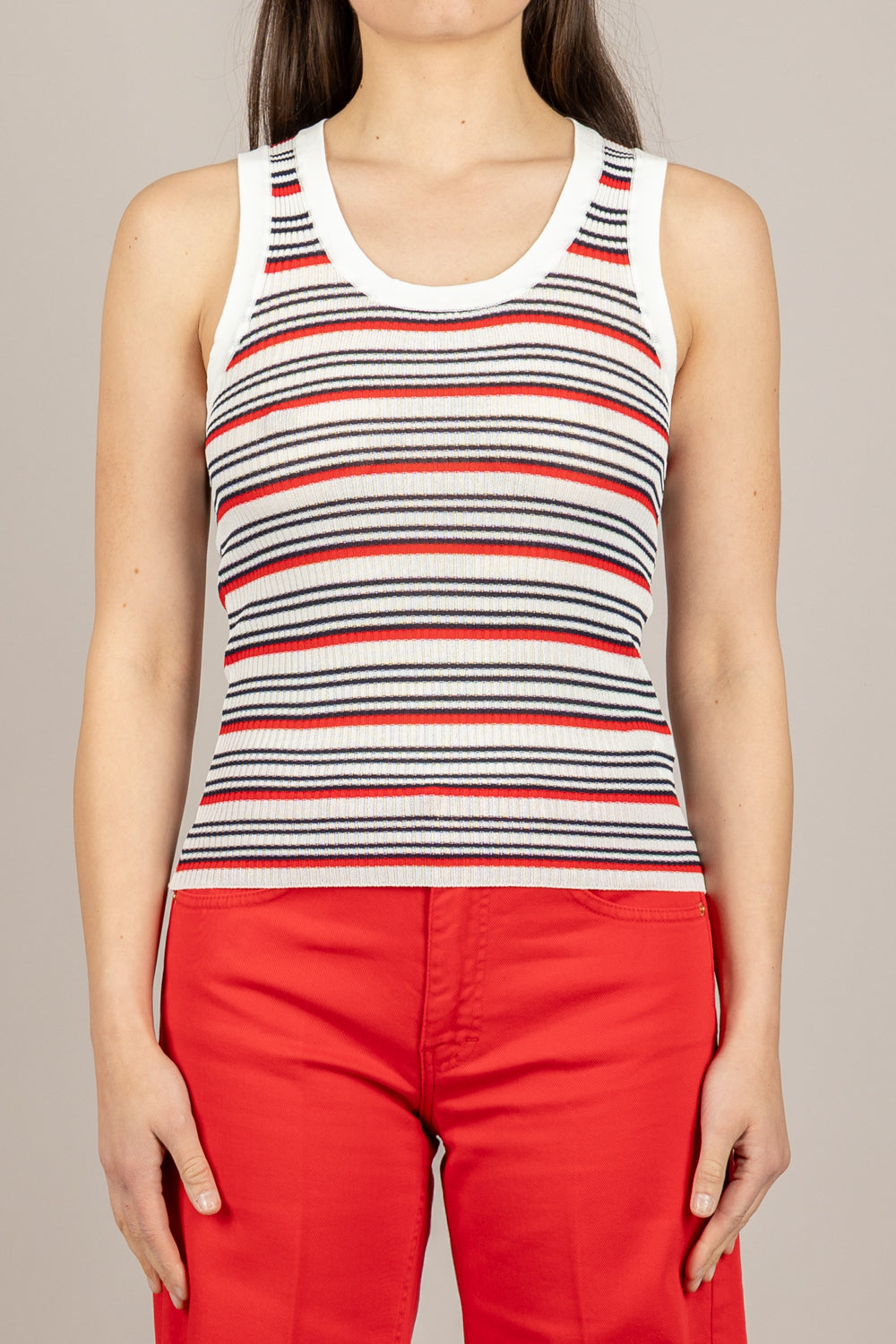 TENSIONE IN - PA5591 - CANOTTA A COSTINE RIGATA LATTE/ROSSO/BLU