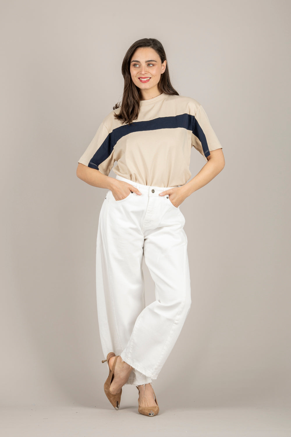 TENSIONE IN - PE260120 - T-SHIRT CON BANDA AVORIO/BLU