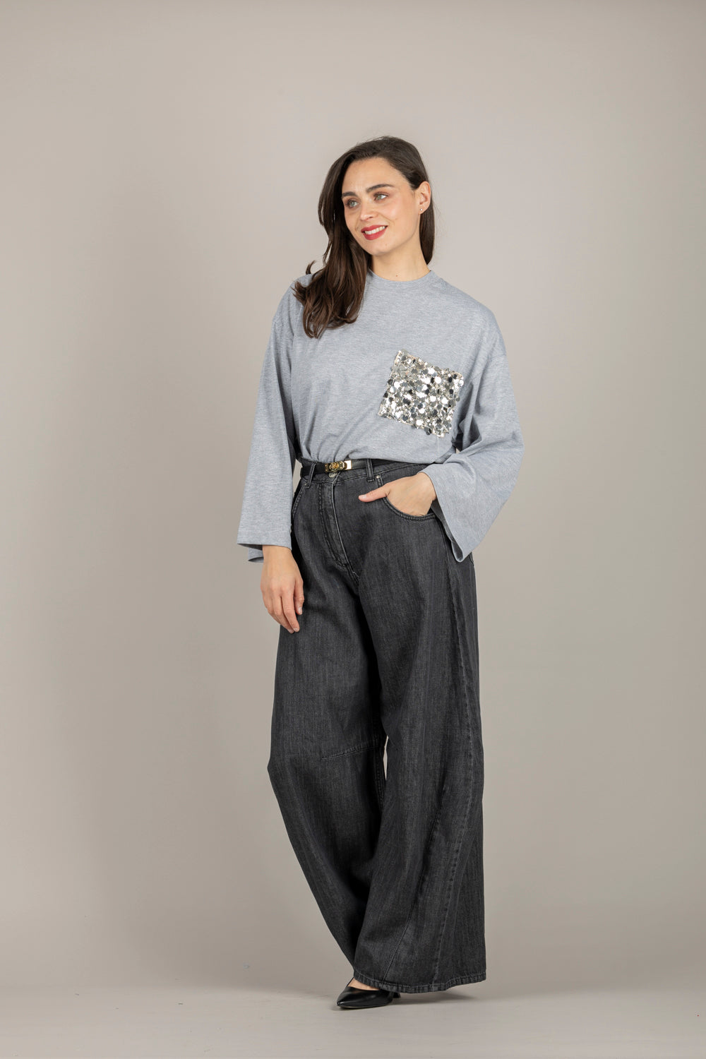 TENSIONE IN - PE260149 - T-SHIRT MANICA LUNGA CON TASCA PAILLETTES GRIGIO MELANGE