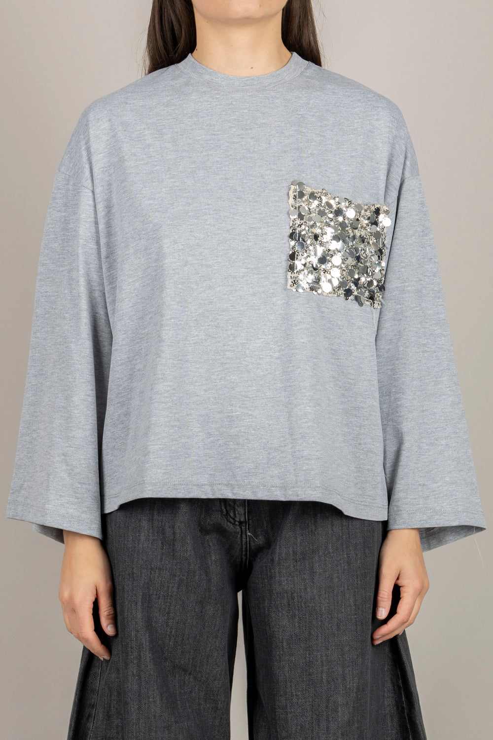 TENSIONE IN - PE260149 - T-SHIRT MANICA LUNGA CON TASCA PAILLETTES GRIGIO MELANGE