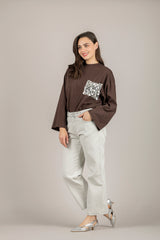 TENSIONE IN - PE260149 - T-SHIRT MANICA LUNGA CON TASCA PAILLETTES MORO