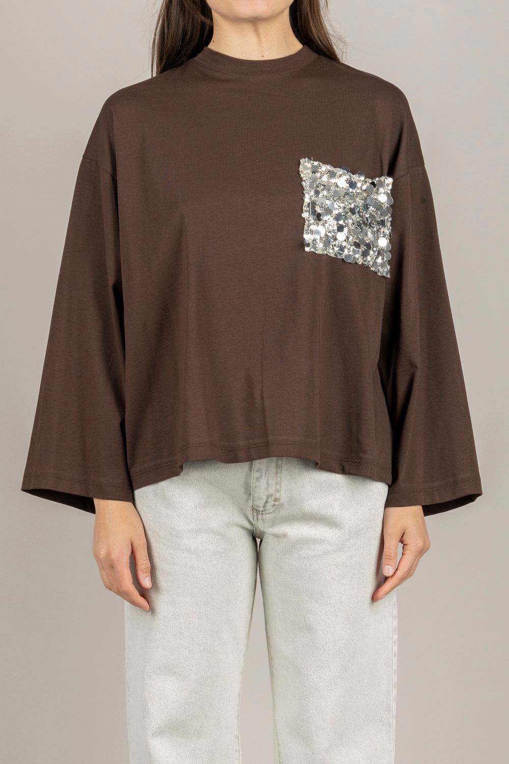 TENSIONE IN - PE260149 - T-SHIRT MANICA LUNGA CON TASCA PAILLETTES MORO