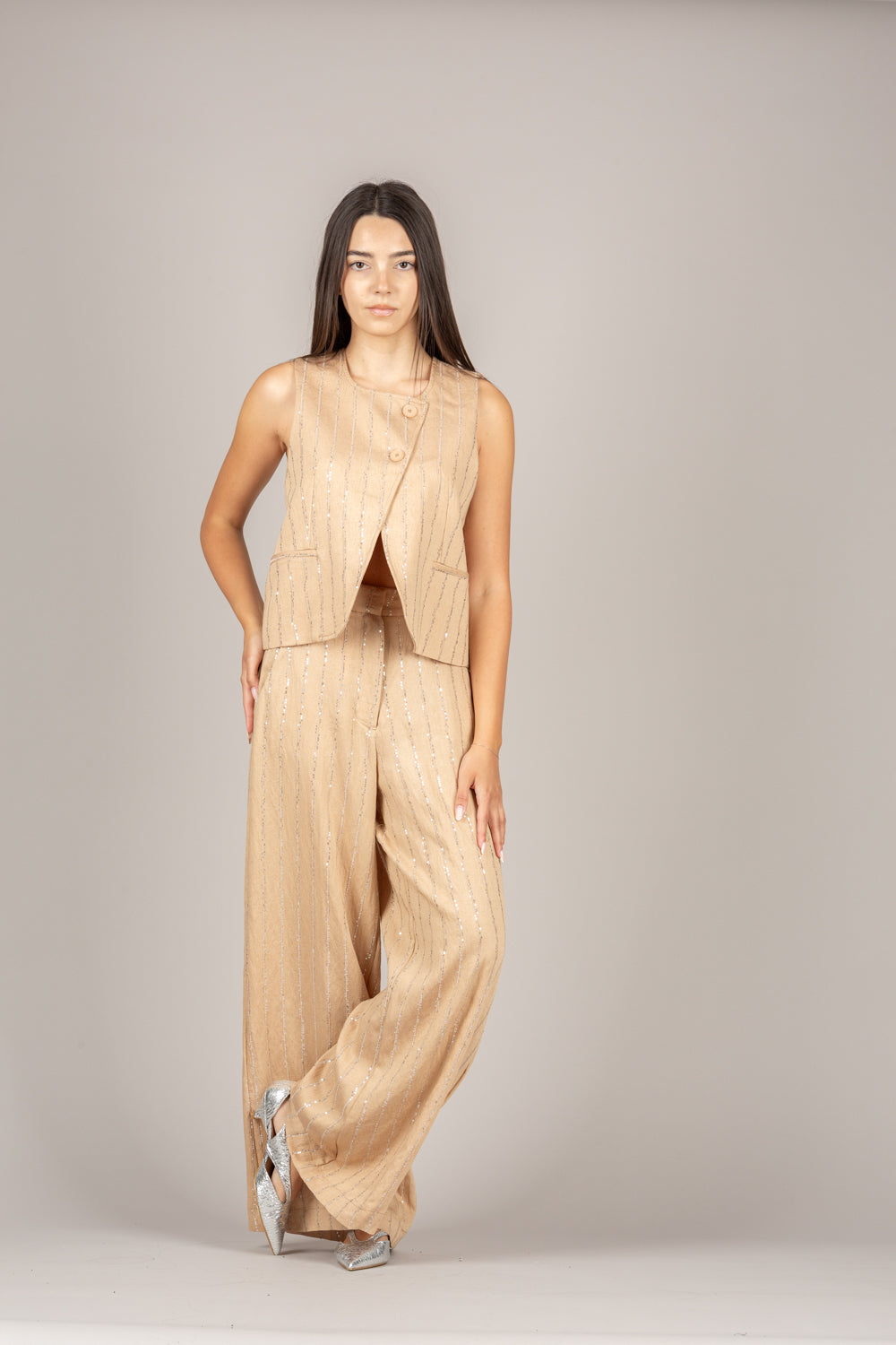 TENSIONE IN - S26PA16 - PANTALONE GESSATO MICRO PAILLETTES CAMMELLO