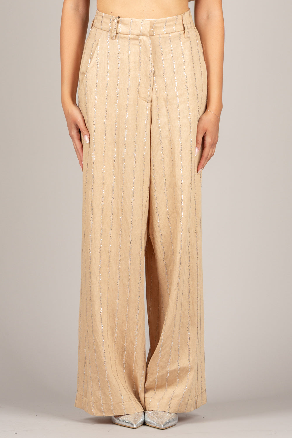 TENSIONE IN - S26PA16 - PANTALONE GESSATO MICRO PAILLETTES CAMMELLO