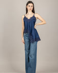 TENSIONE IN - S26TA73 - TOP SATIN ASIMMETRICO CON PIZZO BLU