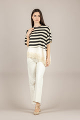 DIXIE - T262A096 - T-SHIRT A RIGHE CON INSERTO IN PIZZO BURRO/NERO