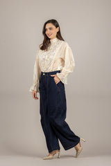 VICOLO - TAB1639 - CAMICIA COLLO ALLA COREANA CON PIZZO CENTRALE BURRO