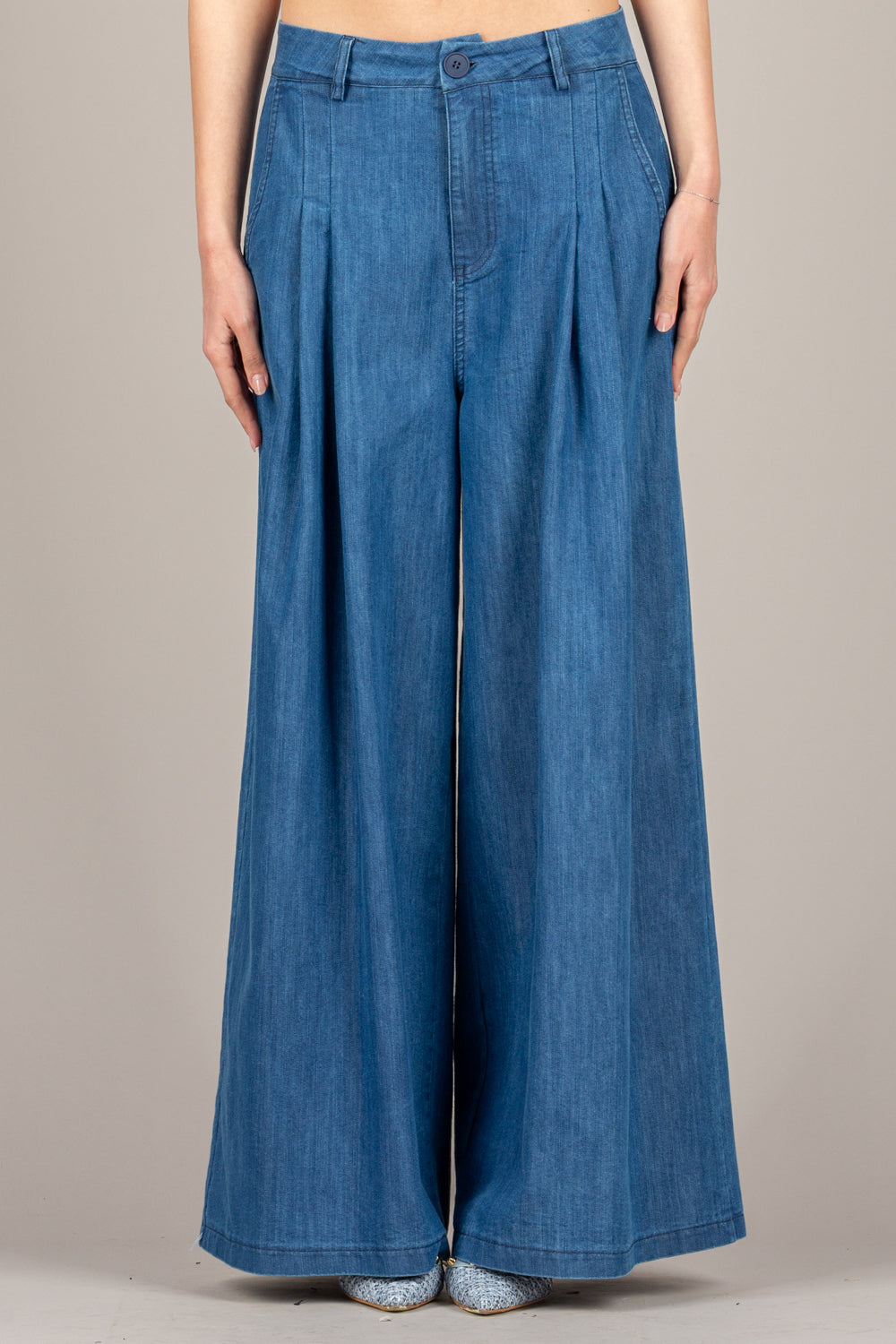 VICOLO - TAB1922 - PANTALONE PALAZZO IN CHAMBRAY BLU