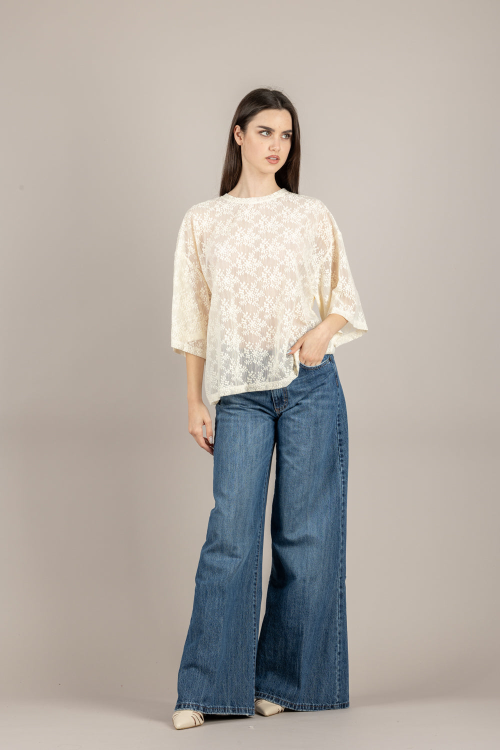 IMPERIAL - TV58LEY - T-SHIRT IN PIZZO PANNA
