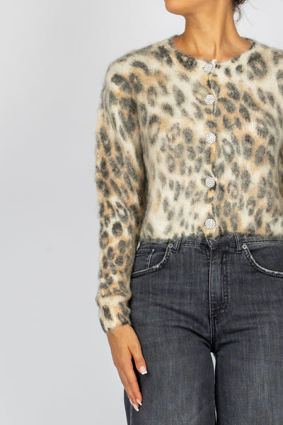 TENSIONE IN - XM473 - CARDIGAN CROP ANIMALIER CON BOTTONI GIOIELLO