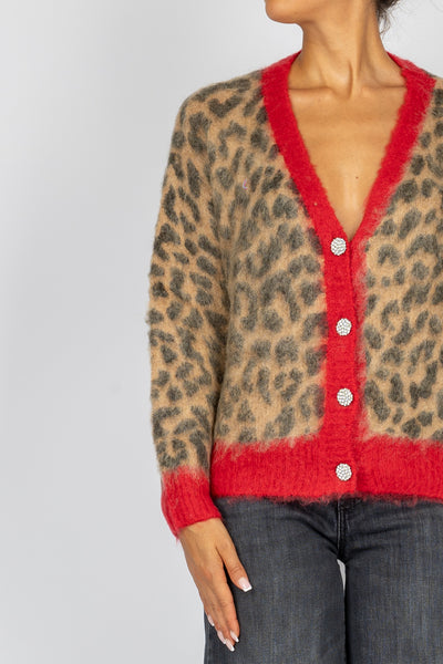 TENSIONE IN - XM501 - CARDIGAN ANIMALIER CON PROFILO COLORATO E BOTTONE GIOIELLO