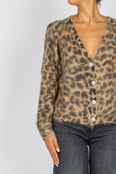 TENSIONE IN - XM466 - CARDIGAN ANIMALIER SCOLLO A V CON BOTTONI GIOIELLO