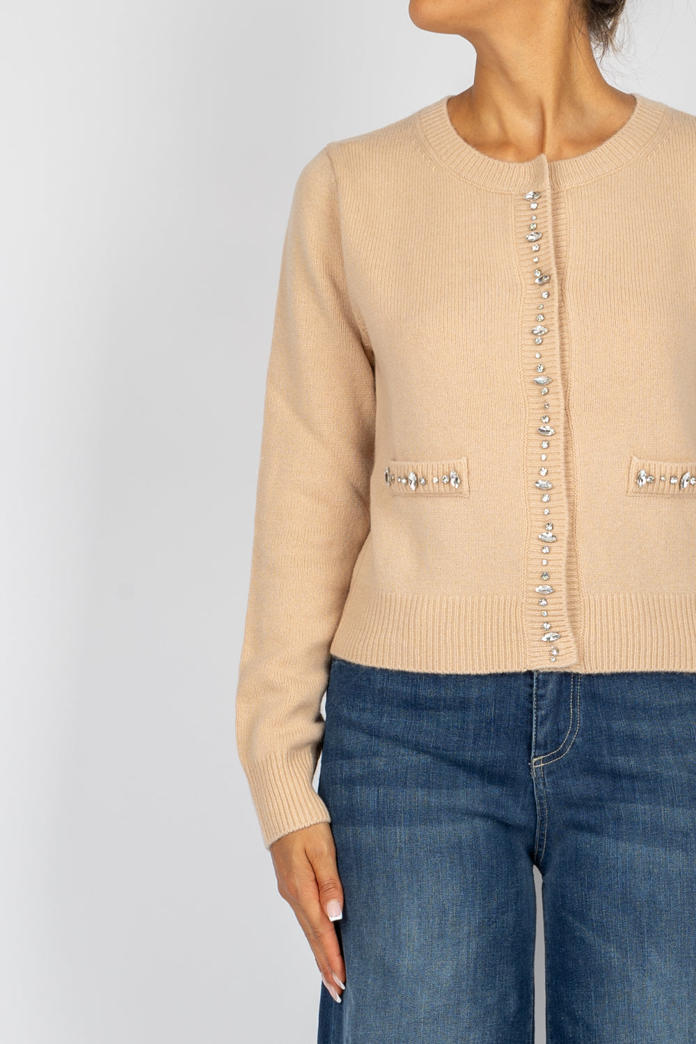 TENSIONE IN - WL189 - CARDIGAN SCOLLO RICAMATO CON PIETRE