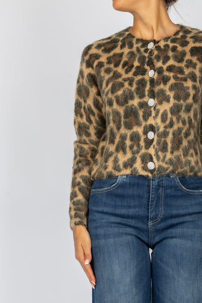 VICOLO - 33017S - CARDIGAN ANIMALIER CON BOTTONI GIOIELLO