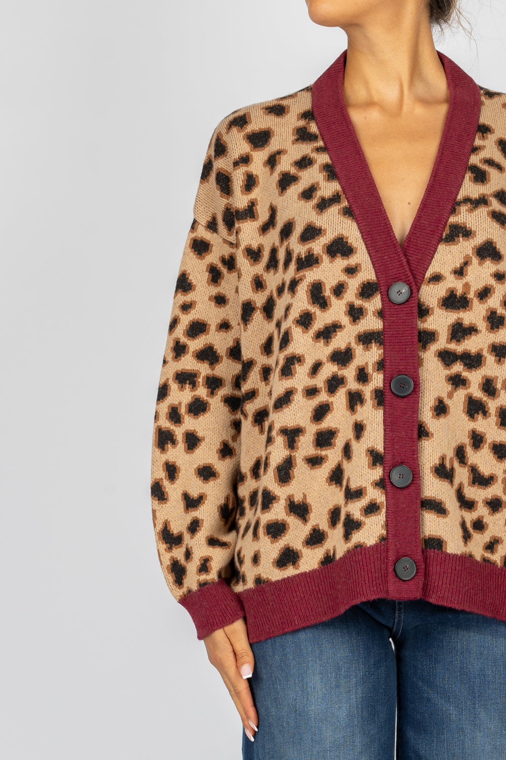 VICOLO - 77146S- CARDIGAN ANIMALIER PROFILATO BORDEAUX