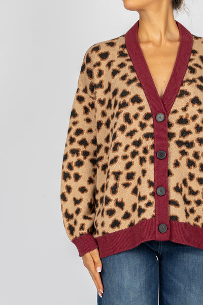 VICOLO - 77146S- CARDIGAN ANIMALIER PROFILATO BORDEAUX