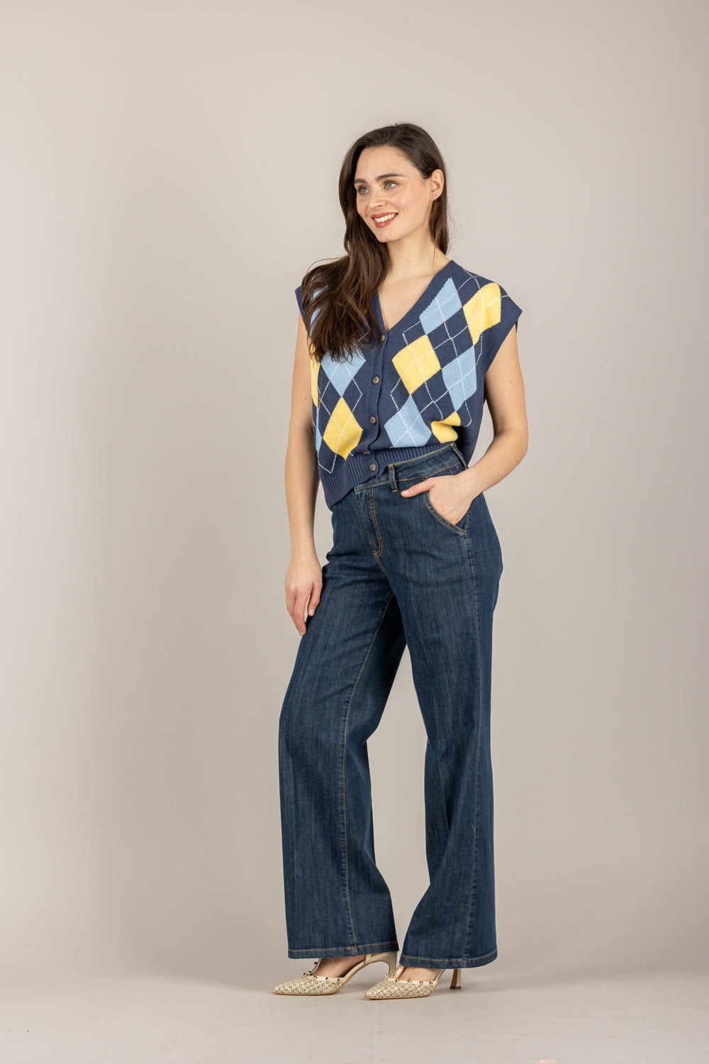 TENSIONE IN - D75629 - GILET ROMBI SCOLLO A V BLU/GIALLO/CELESTE