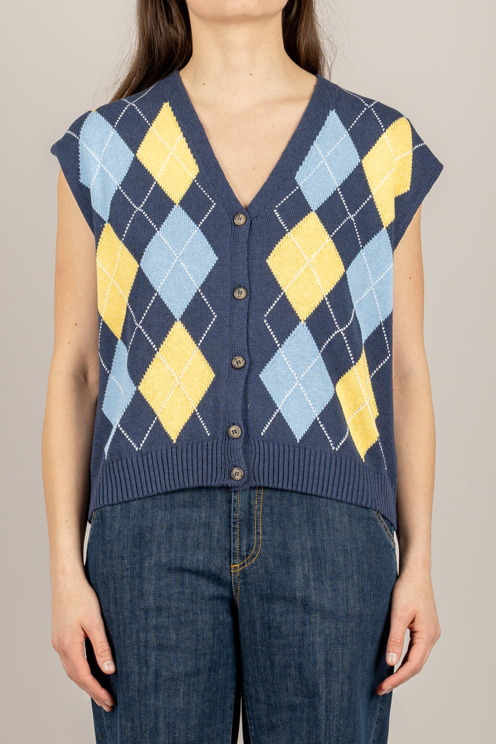 TENSIONE IN - D75629 - GILET ROMBI SCOLLO A V BLU/GIALLO/CELESTE