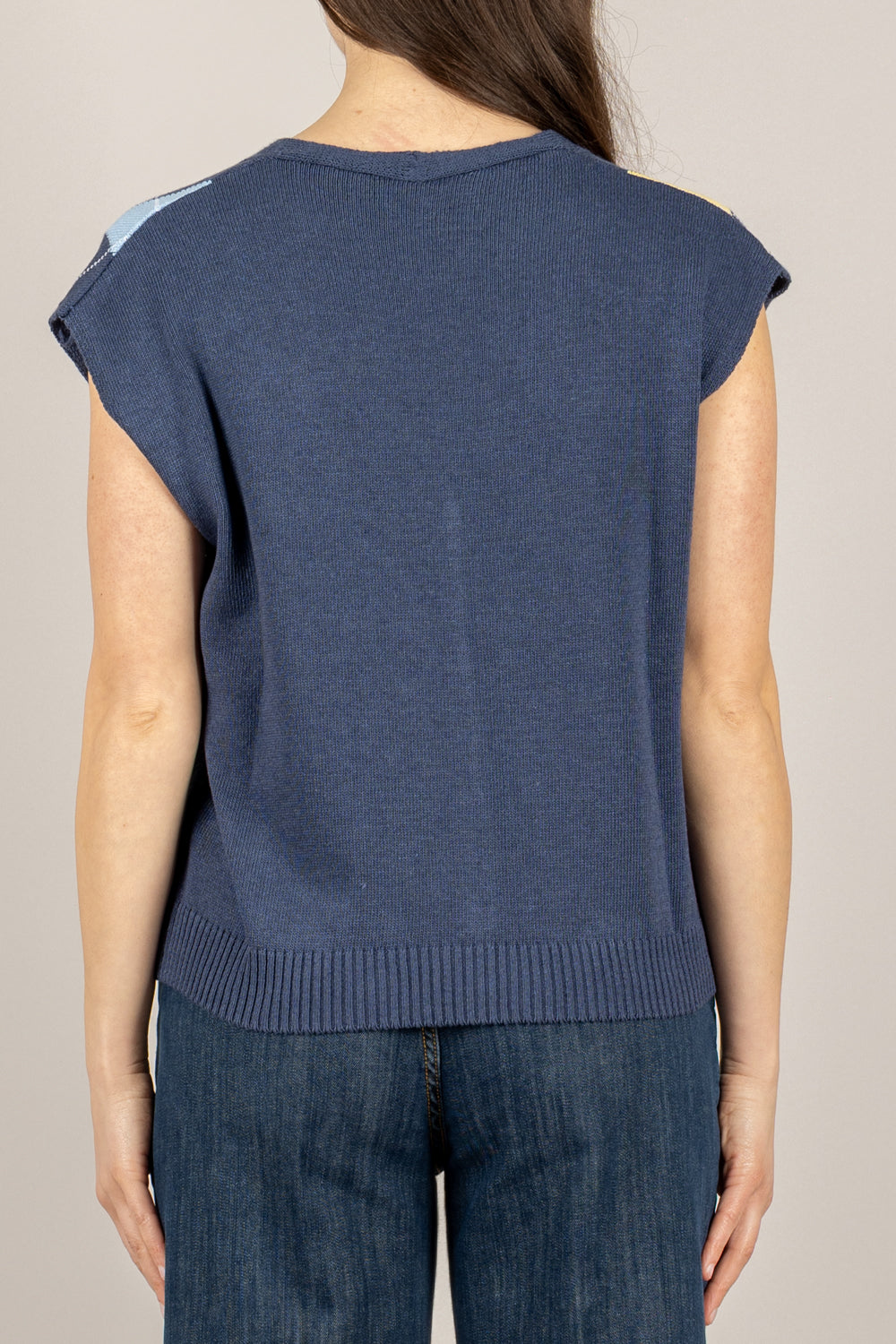 TENSIONE IN - D75629 - GILET ROMBI SCOLLO A V BLU/GIALLO/CELESTE