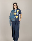 TENSIONE IN - D75630 - MAGLIA MANICA CORTA A ROMBI BLU/GIALLO/CELESTE