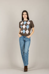 TENSIONE IN - D75630 - MAGLIA MANICA CORTA A ROMBI MORO/AZZURRO/ROSA