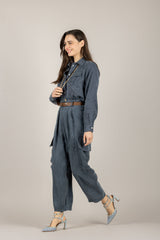 TENSIONE IN - PE26-4211 - PANTALONE CARGO CON CINTA BLU NAVY