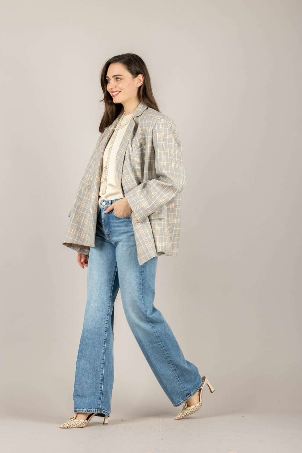 VICOLO - TAB1135 - GIACCA CHECK ASIMMETRICA GRIGIO/TORTORA