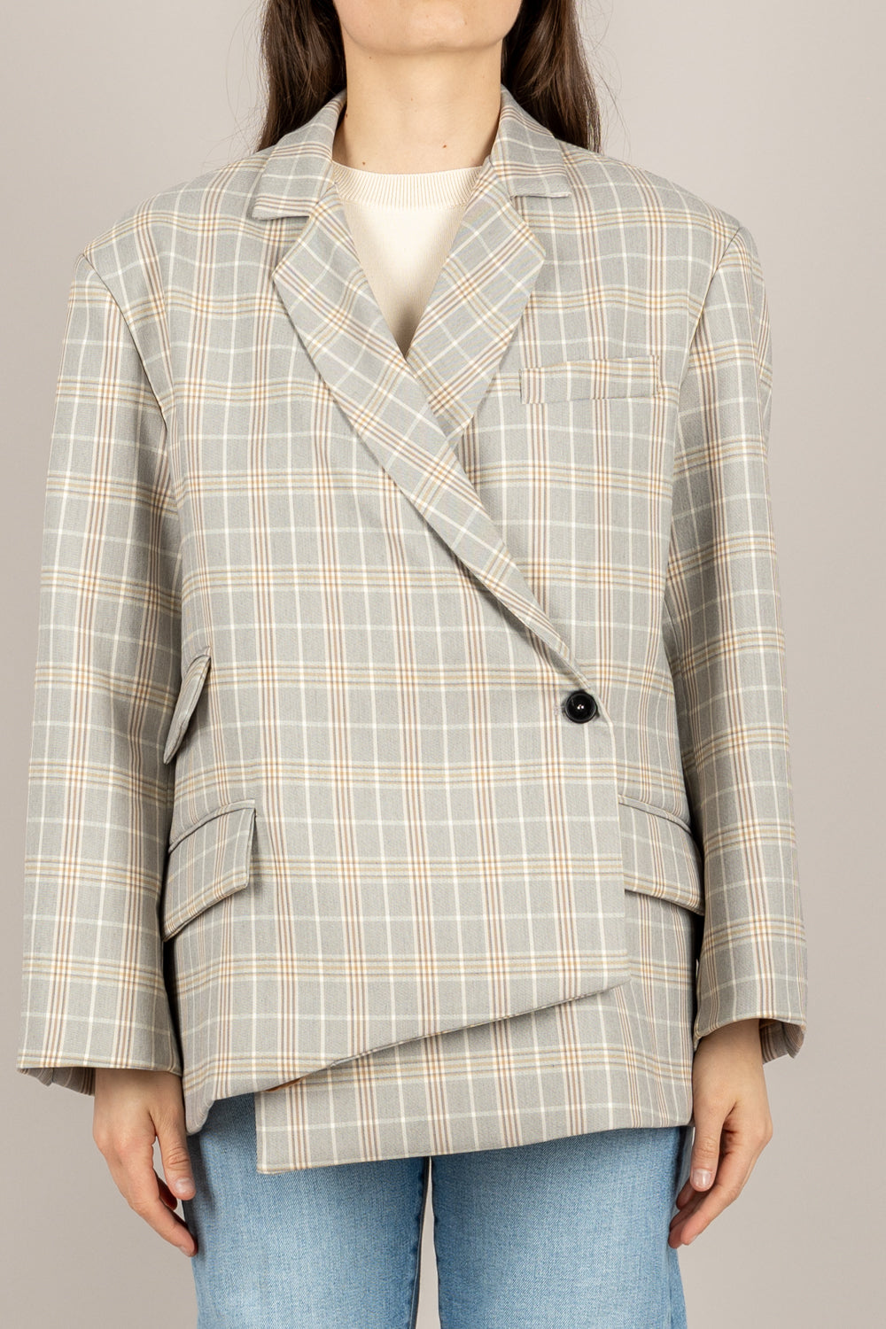 VICOLO - TAB1135 - GIACCA CHECK ASIMMETRICA GRIGIO/TORTORA