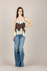 VICOLO - TAB1176 - TOP IN SATIN CON PIZZO MORO BURRO