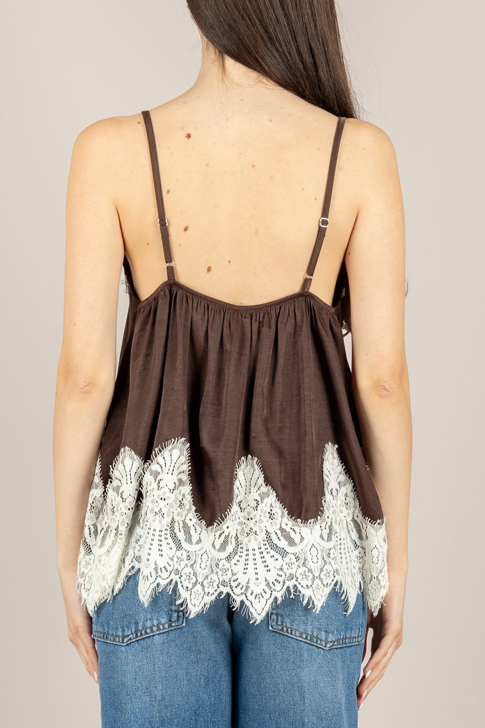 VICOLO - TAB1176 - TOP IN SATIN CON PIZZO MORO BURRO
